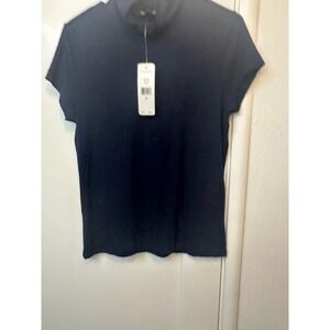 Lauren Ralph Lauren Navy Blue Mock Neck Short Sleeve Top Viscose Blend Large NWT